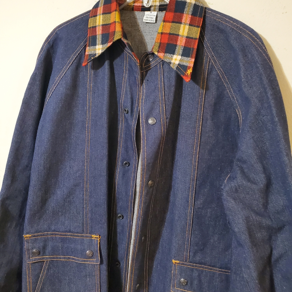 Retro Denim Chore Coat Flannel Collar Workwear Jacket Medium - Picture 4 of 6